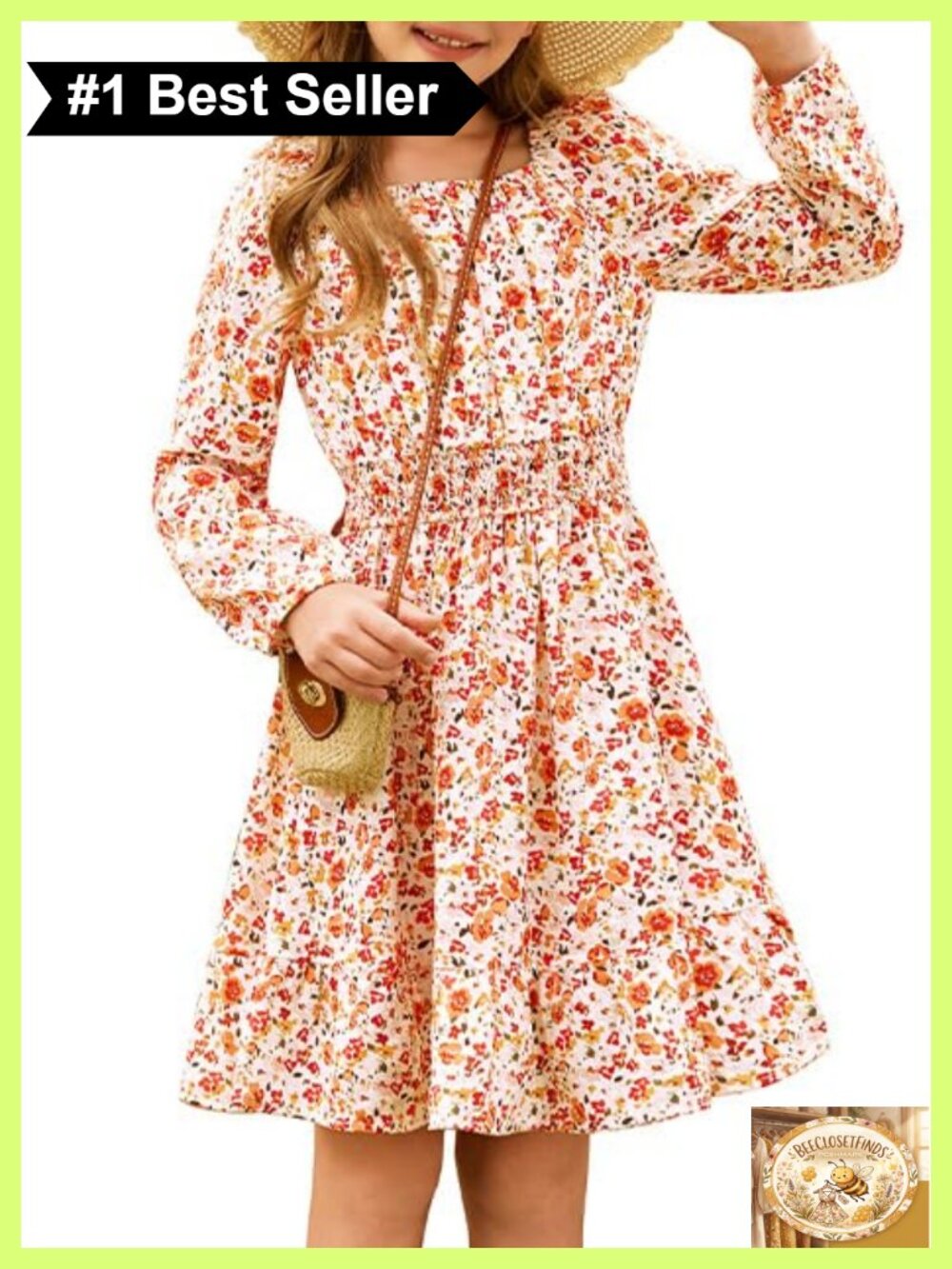 Girls Floral Long Sleeve Midi Dress Smocked Waist A-Line Holiday